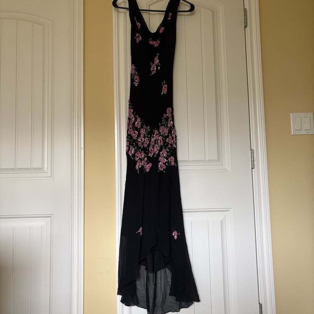 Cartise Couture Black Silk Beaded Floral Embroidered Off-Shoulder Maxi Dress - Picture 6 of 6